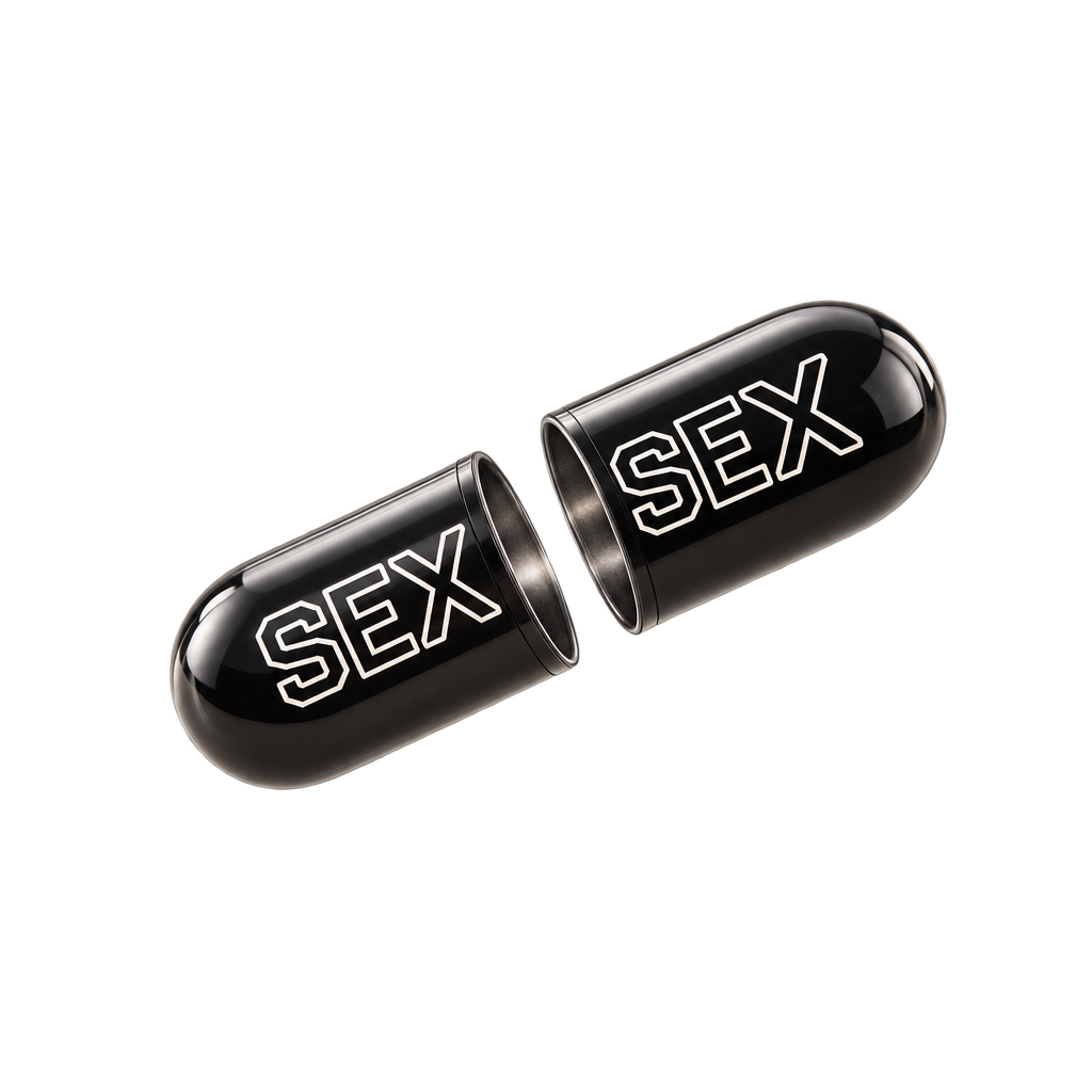 A single SEX capsule split into two halves, each half stamped with the SEX wordmark