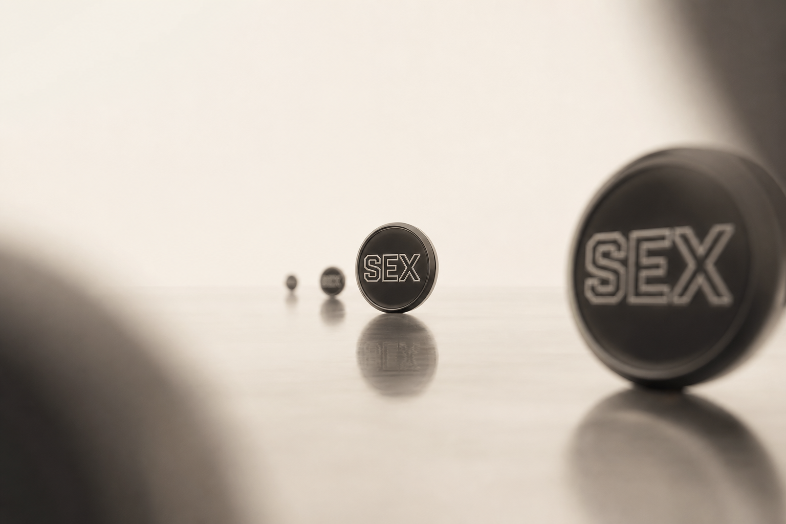 A row of SEX coins on a reflective sepia-toned surface, growing from a speck in the distance to a large coin up close